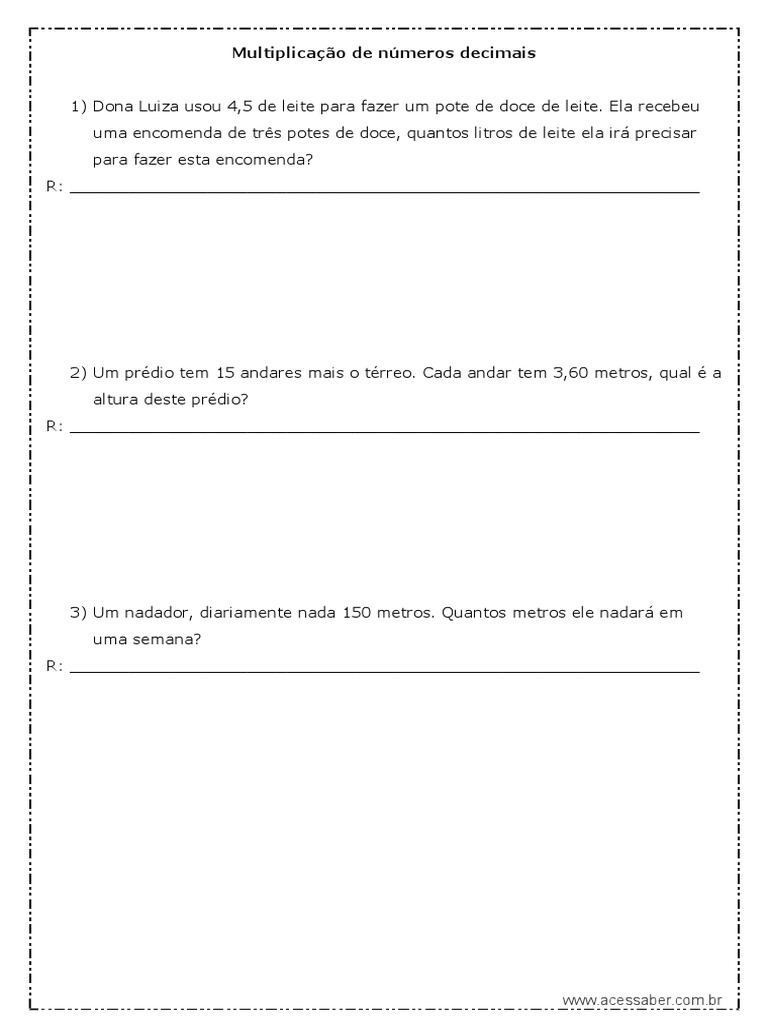 Atividade de Matematica Multiplicacao de Numeros Decimais 4º Ou 5º Ano ...