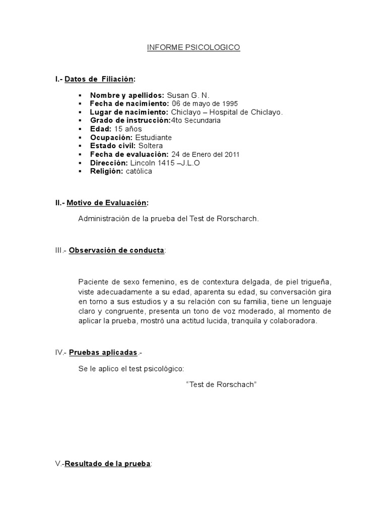 Proyectivas II - Informe Psicologico Del Test de Rorschach | PDF |  Psicología clínica | Sicología