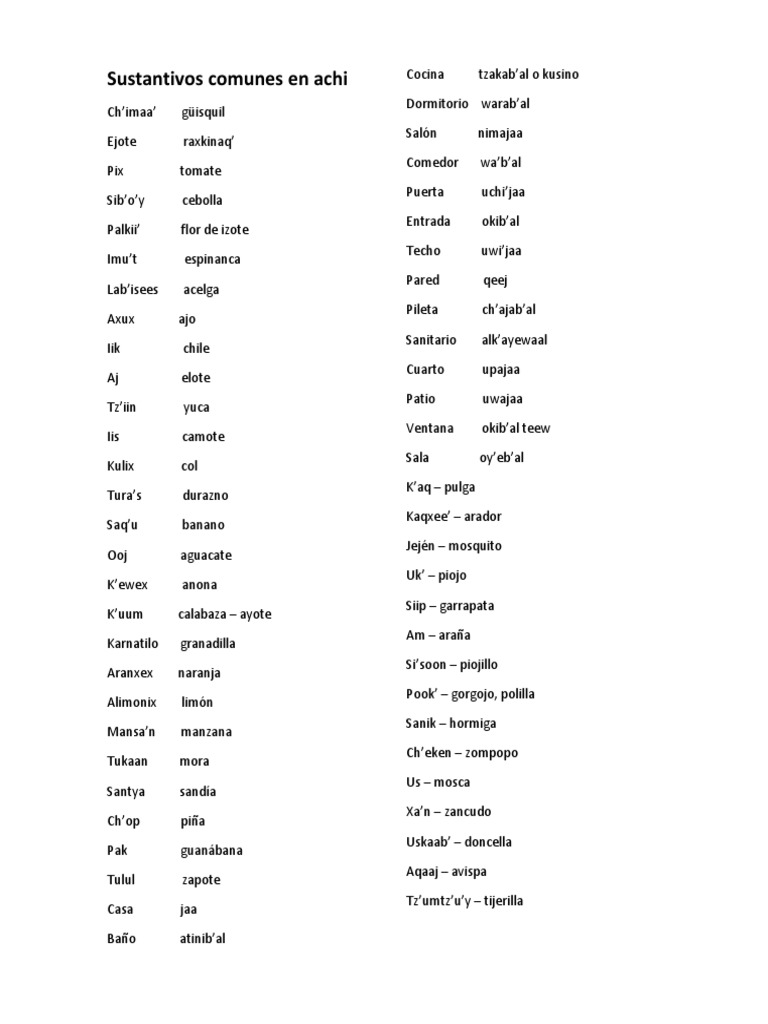 Sustantivos Comunes En Achi Pdf Vegetales Frutas Comestibles