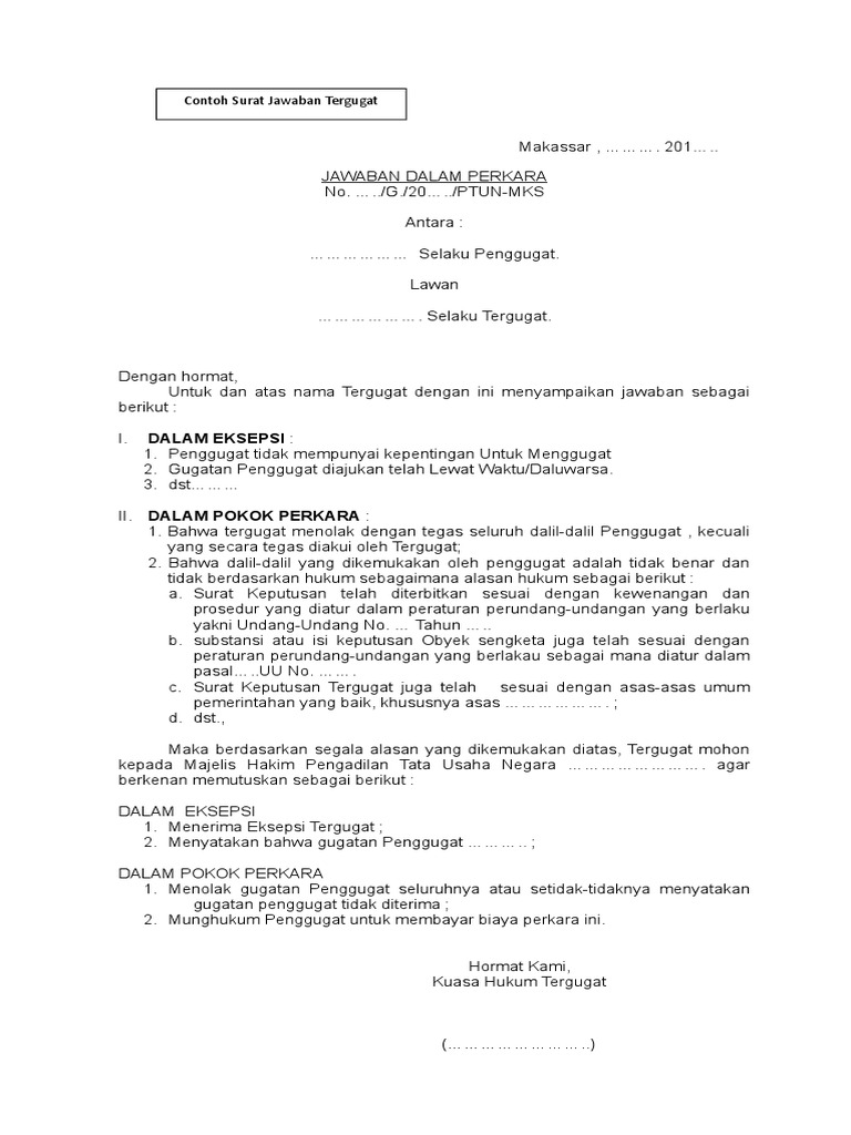Contoh Surat Jawaban Tergugat