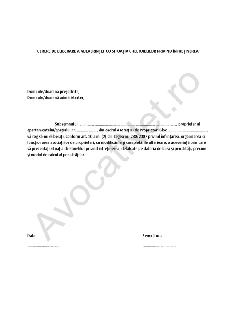 Model De Cerere Pentru Eliberarea Adeverintei Cu Situatia Cheltuielilor De Intretinere Sursa Www Avocatnet Ro Pdf