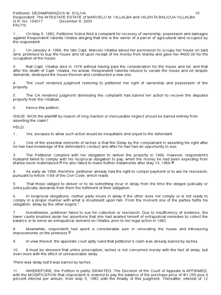 Soliva vs. Intestate Estate of Villalba Digest Download Free PDF