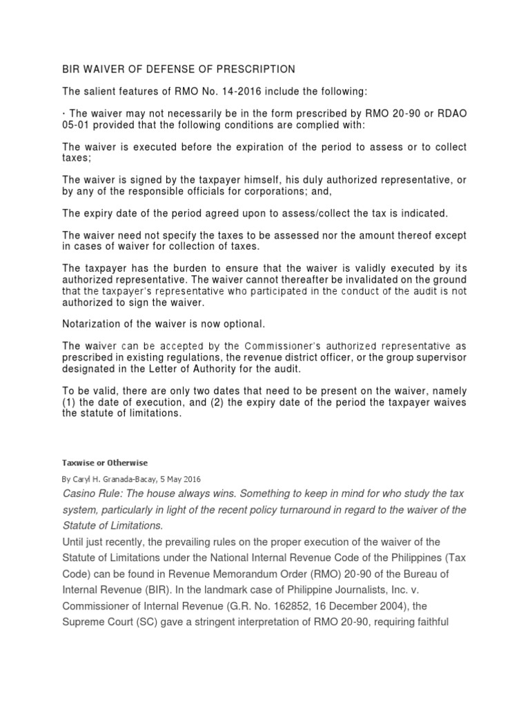 Bir Waiver of Defense of Prescription Statute Of Limitations Internal Revenue Service
