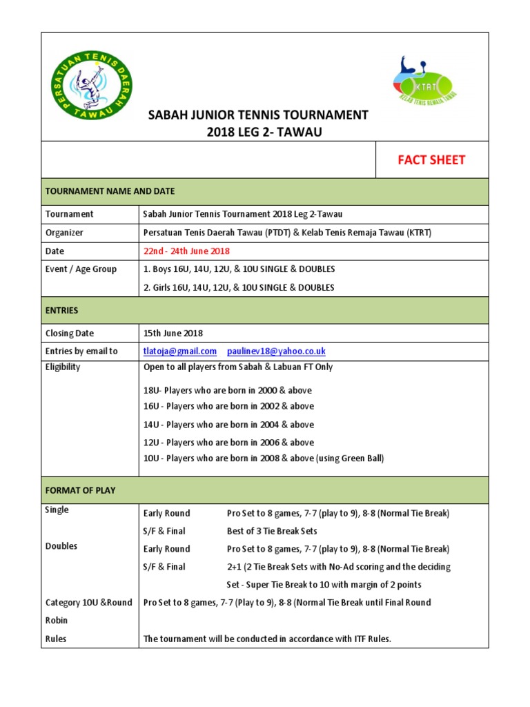 Sabah Junior Tennis Tournament Fact Sheet PDF Games Of Physical Skill Sports Rules And