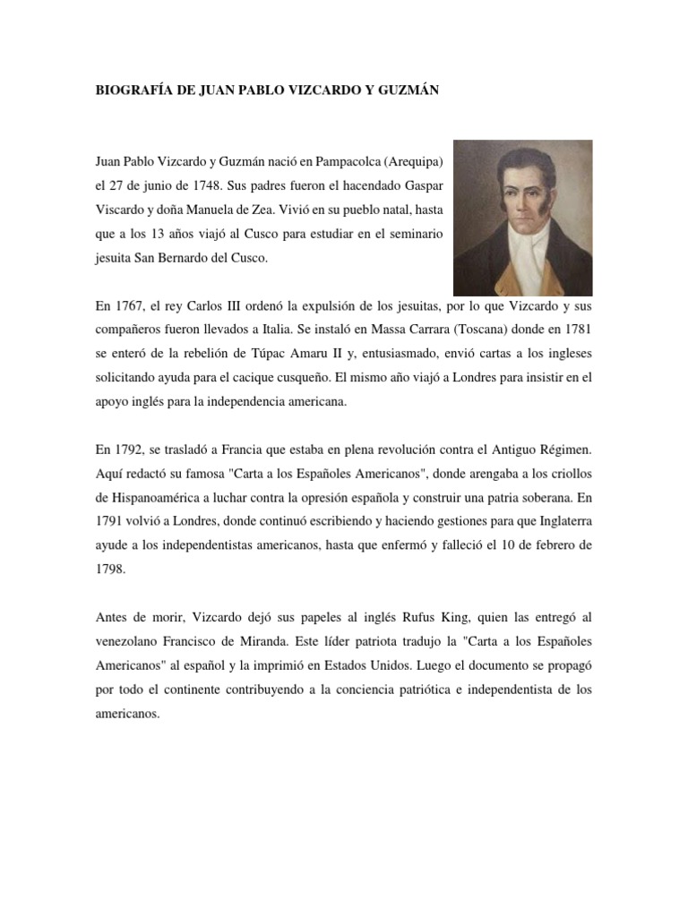Biografía de Juan Pablo Vizcardo y Guzmán | PDF | América del Sur | Perú