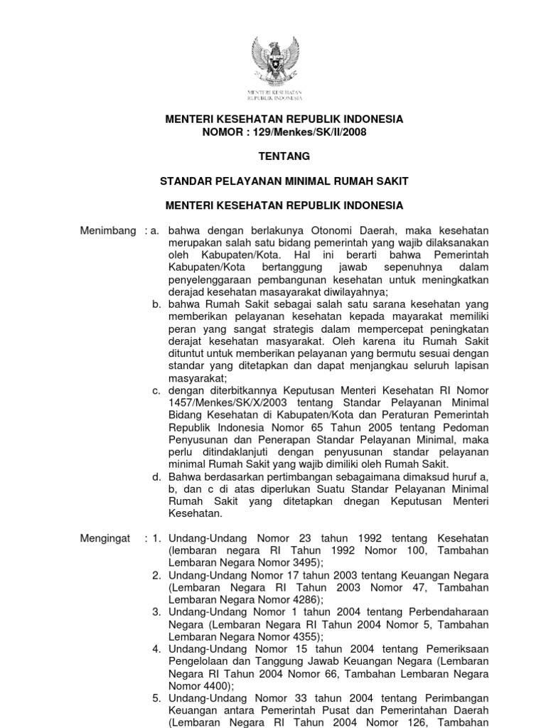 Kepmenkes 129 Tahun 2008 - SPM Rs | PDF
