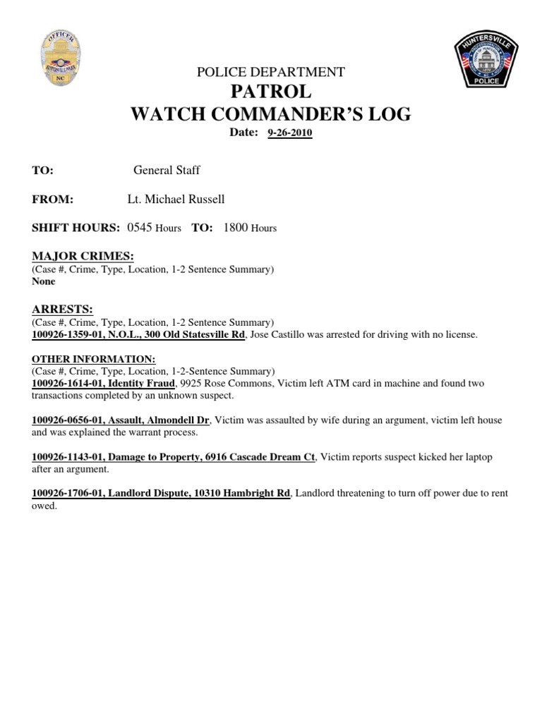 HPD Patrol Watch Log 9-26-10 Day | PDF | Criminal Justice | Crime ...