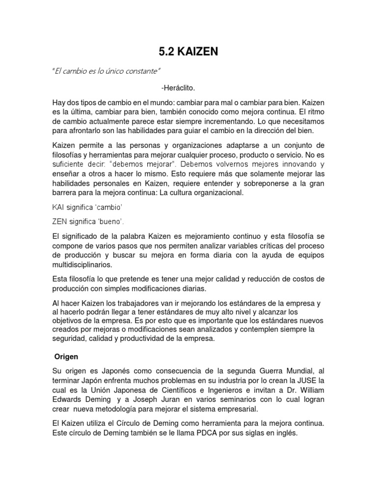 Filosofía Kaizen: Mejora Continua | PDF | Calidad (comercial) | Business