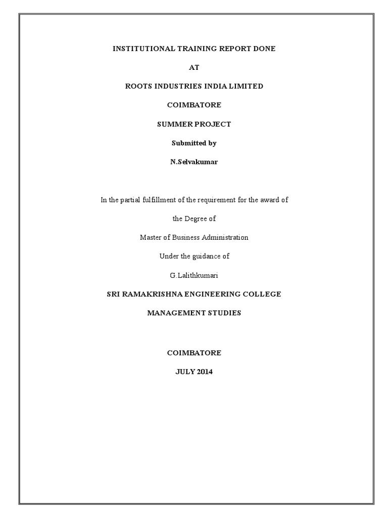 Institutional Training Report Done AT Roots Industries India Limited ...