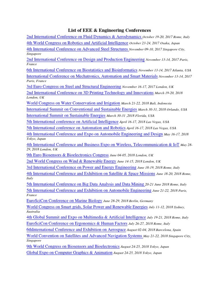 List of EEE & Engineering Conferences PDF Engineering Electrical