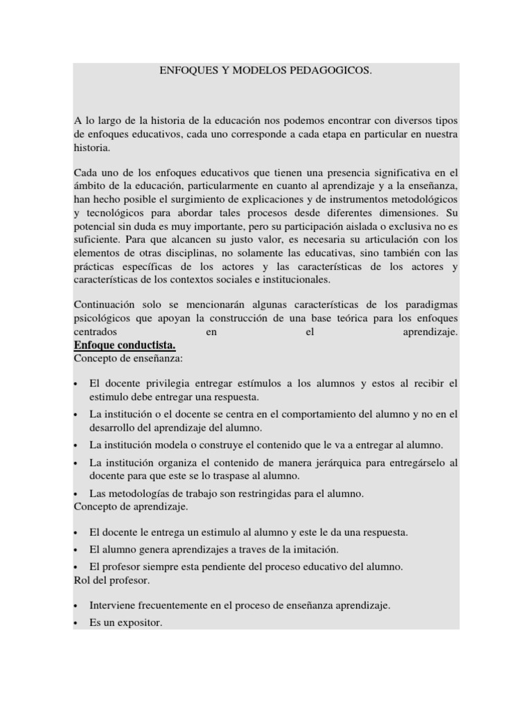 Enfoques y Modelos Pedagogicos | PDF | Maestros | Evaluación