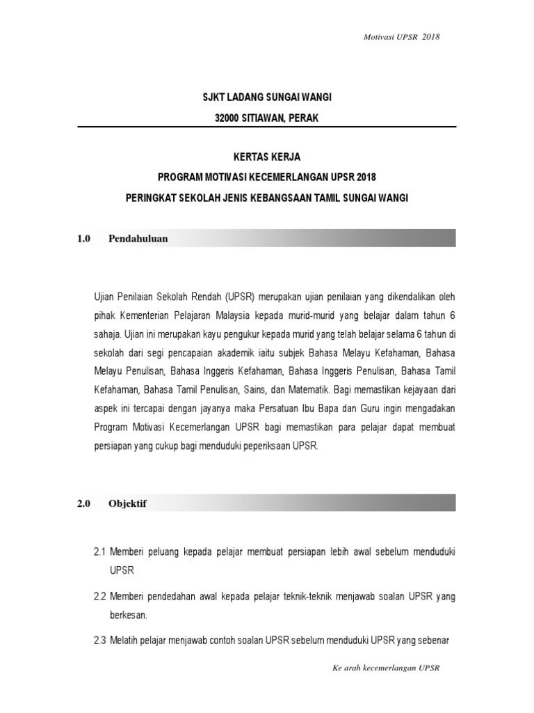 Kertas Kerja Kecemerlangan Upsr 2018  PDF