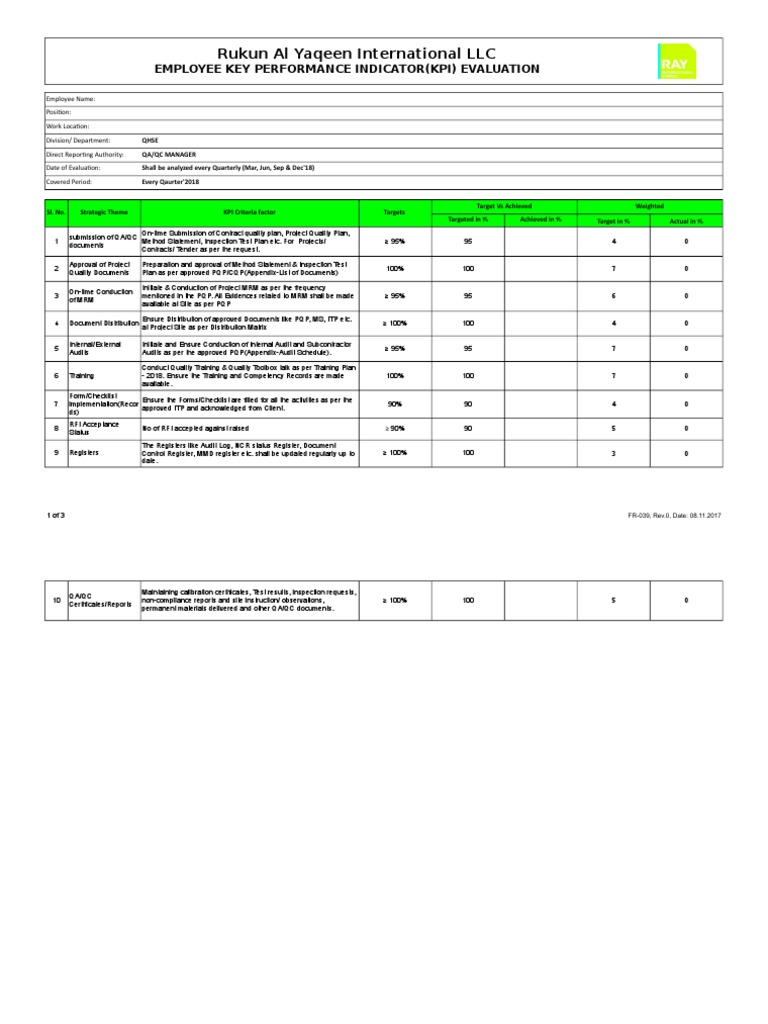 FR039 Employee KPI Evaluation QAQC EngineerInspector PDF Audit