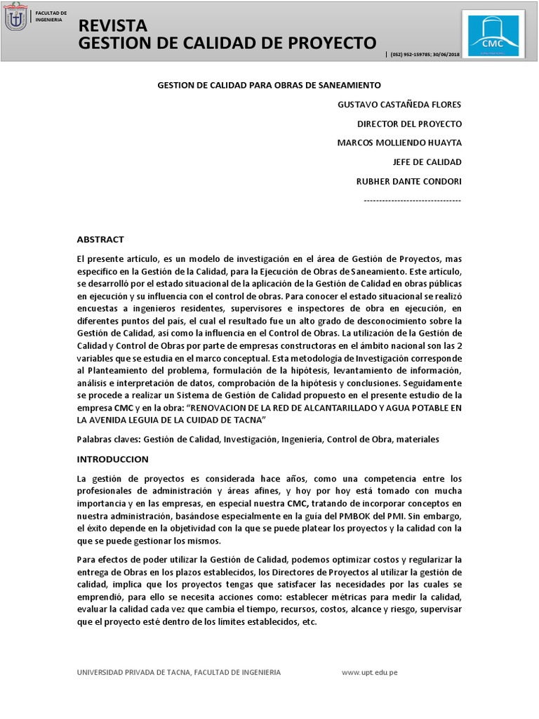 Gestion de Calidad en Obras de Saneamiento | PDF | Gestión de la ...