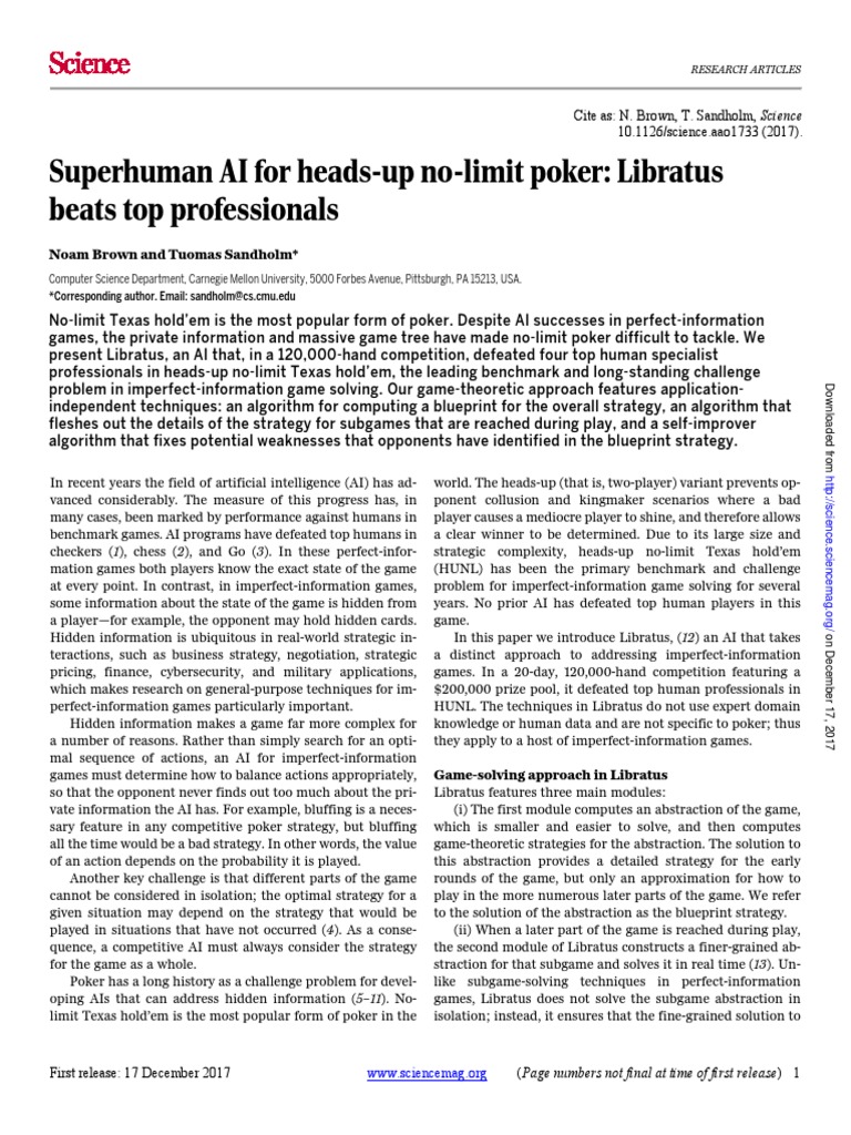 Libratus The Superhuman Ai For No Limit Poker