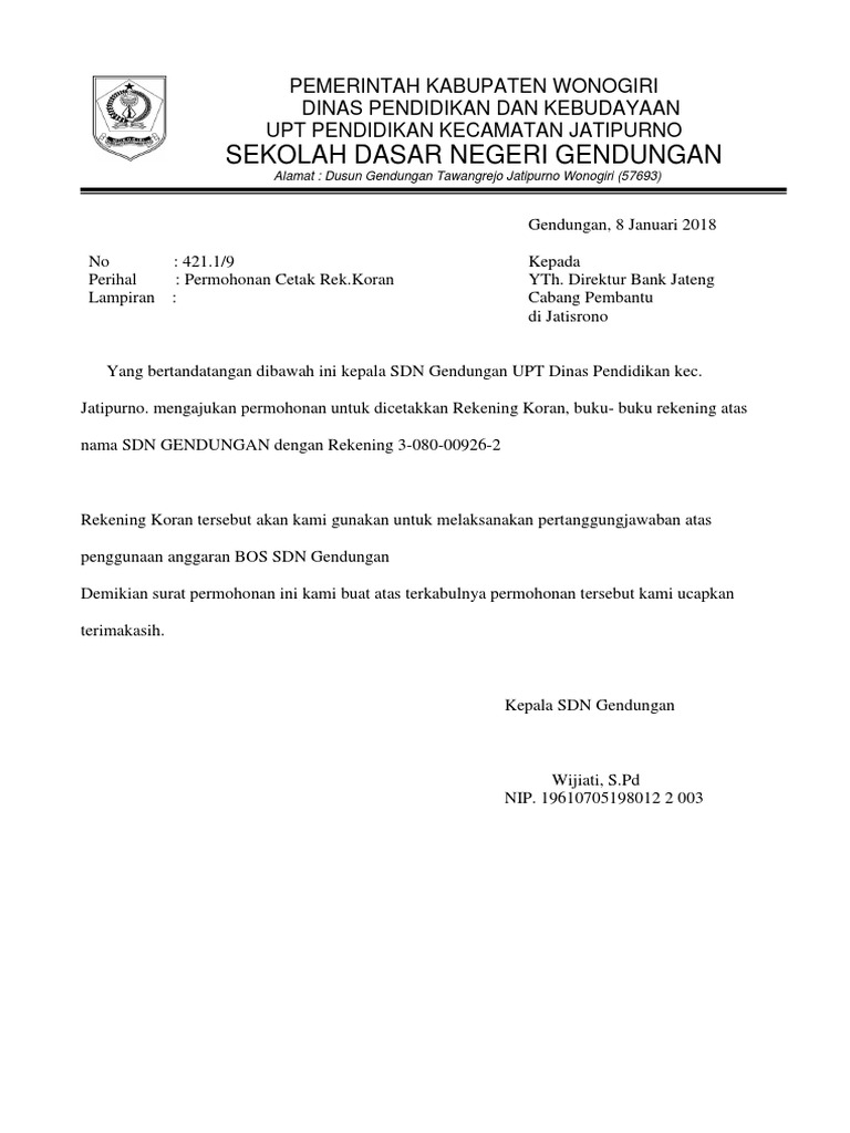 Contoh Surat Permohonan Cetak Rekening Koran Berbagai Contoh