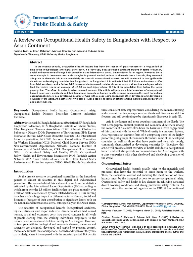 A Review On Occupational Health Safety In Bangladesh With Respect