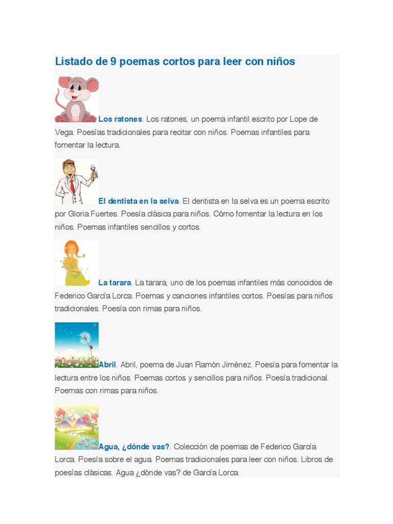 Listado De 9 Poemas Cortos Para Leer Con Ninos Federico Garcia Lorca Poesia Infantil