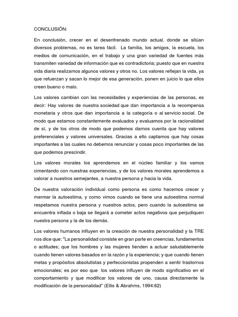 Conclusiones sobre autoestima y valores | PDF | Autoestima | Ciencias ...