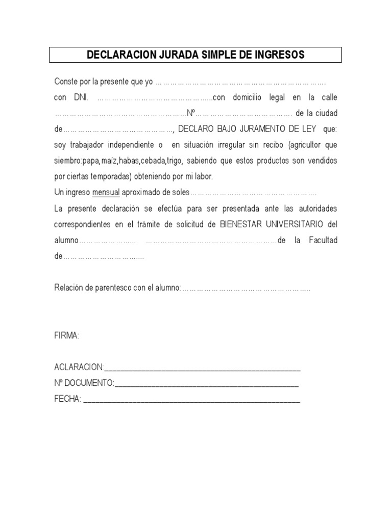 Declaración Jurada Simple de Ingresos | PDF
