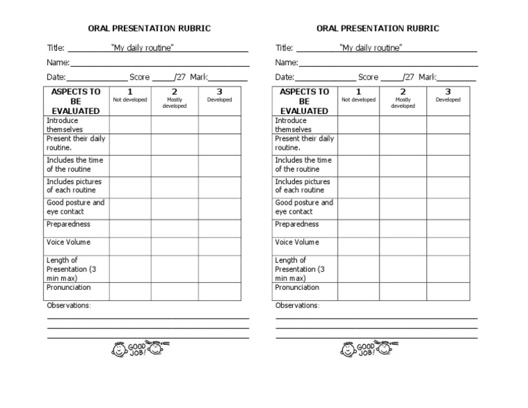 Oral Presentaton Rubric (3rd Grade) - My Daily Routine | PDF | Behavior Modification | Evaluation Methods for Free Printable Oral Presentation Rubric