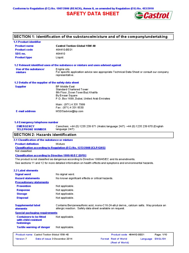 MSDS 15W40 Personal Protective Equipment Dangerous Goods