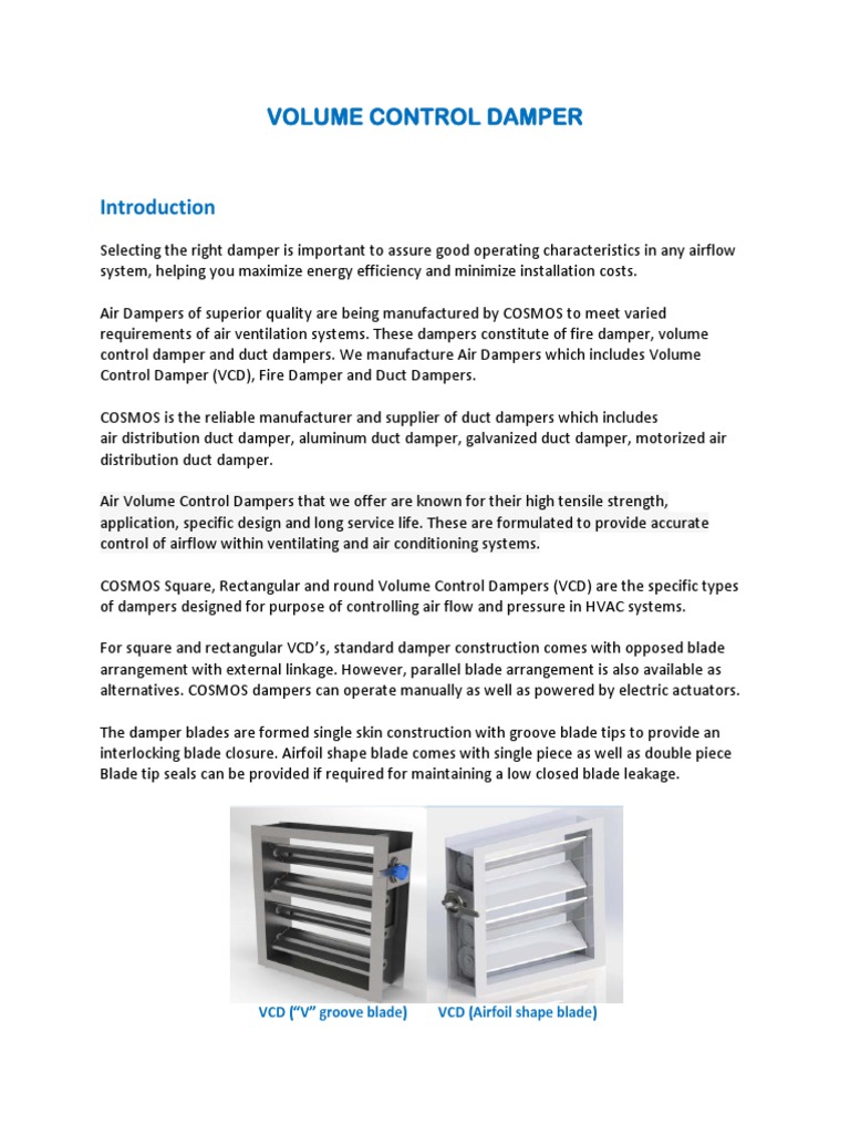 Volume Control Damper: VCD ("V" Groove Blade) VCD (Airfoil Shape Blade) |  PDF | Duct (Flow) | Building Engineering