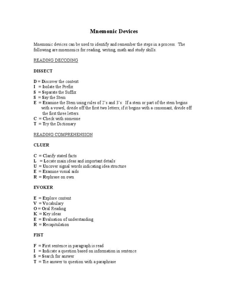 Mnemonic Devices Question Reading Comprehension