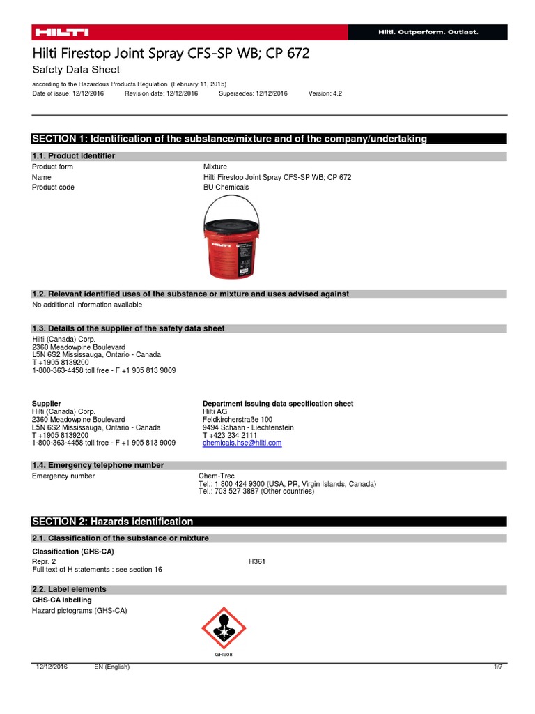 Msds CFSSP WB Hilti Toxicity Occupational Safety And Health