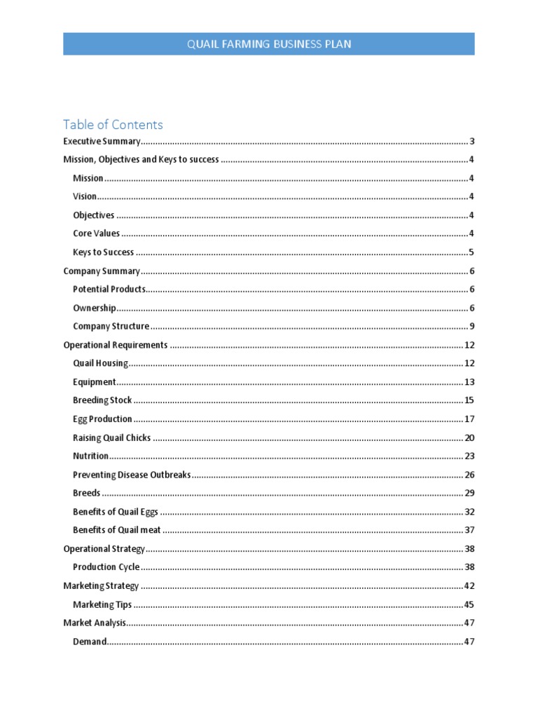 Quail Farming Business Plan Contents Business Plan Pro Forma