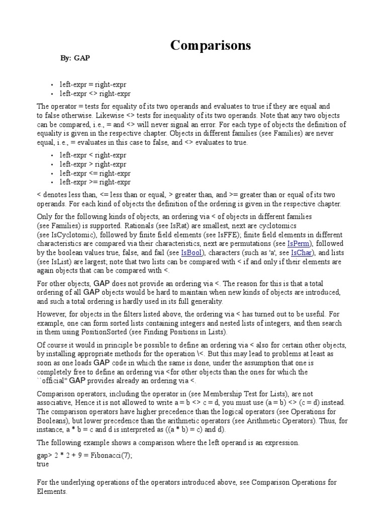 GAP Comparison Operators Explained | PDF | Field (Mathematics ...