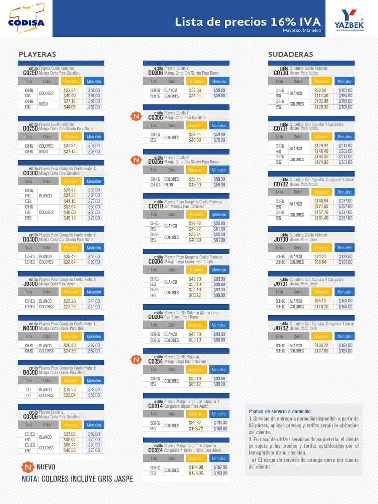 Lista de precios 16 IVA Playeras