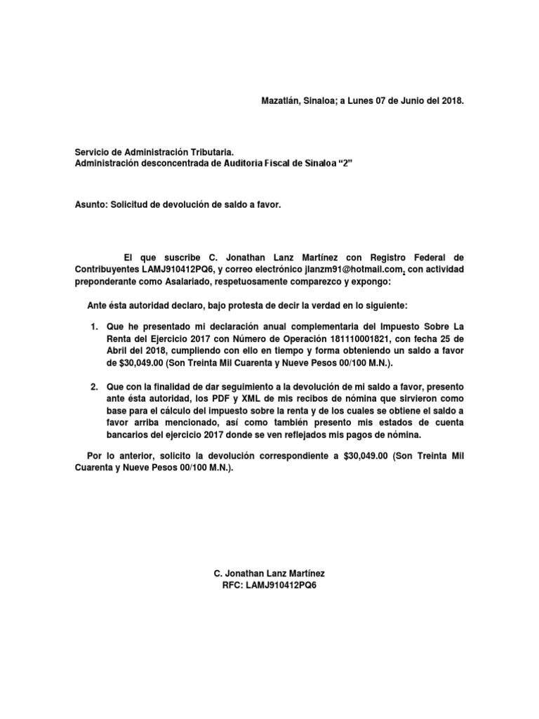 Escrito libre sat devolucion