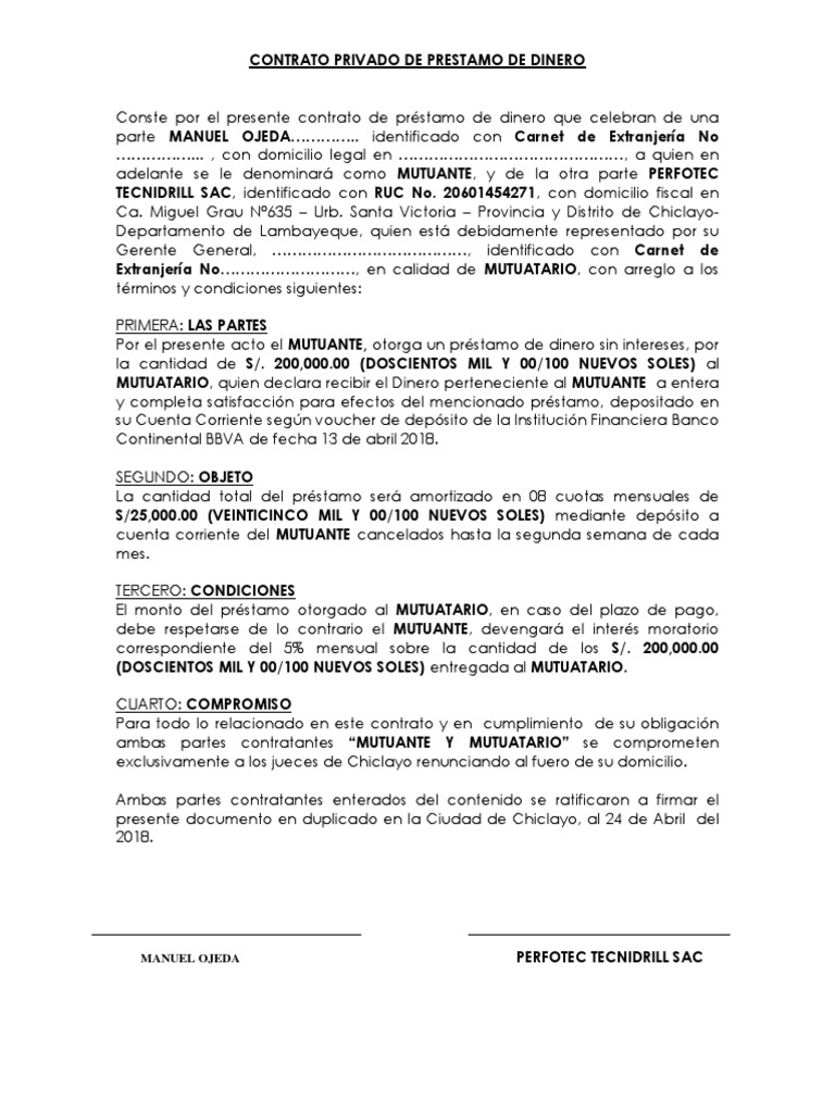 Contrato Privado de Prestamo de Dinero | PDF