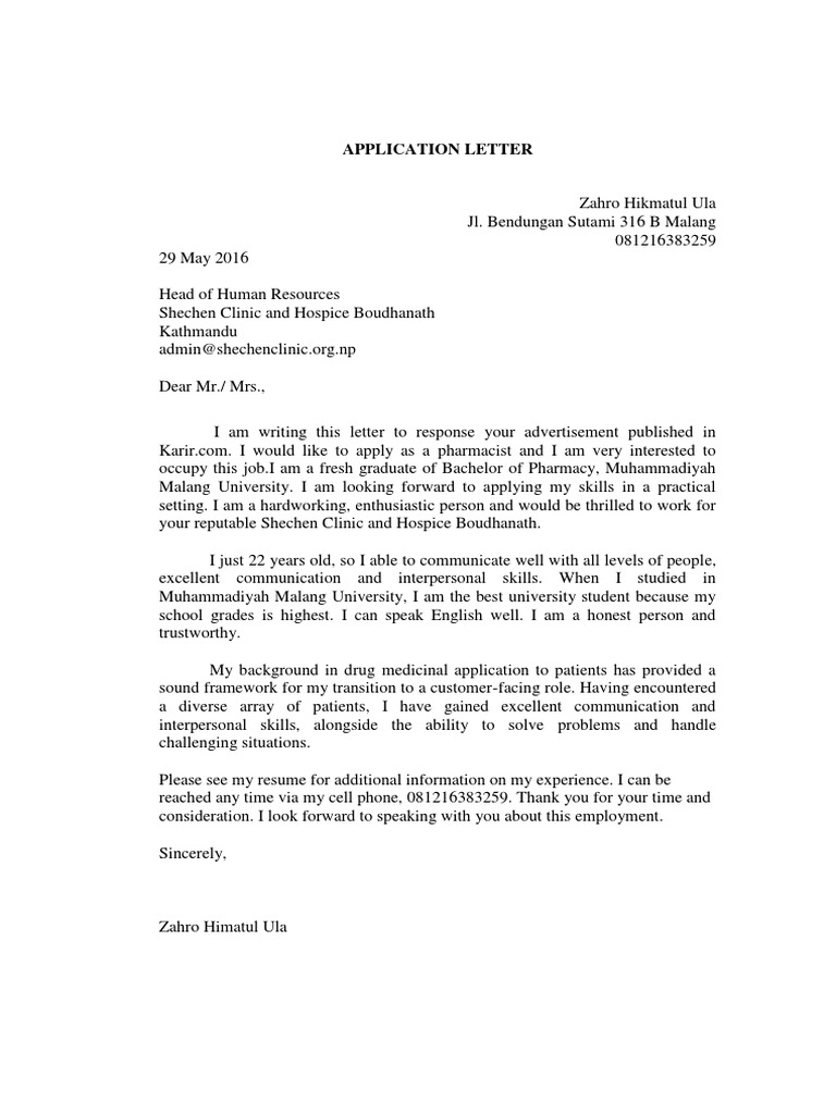 Application Letter Zahro 2 Pharmacy Behavior Modification