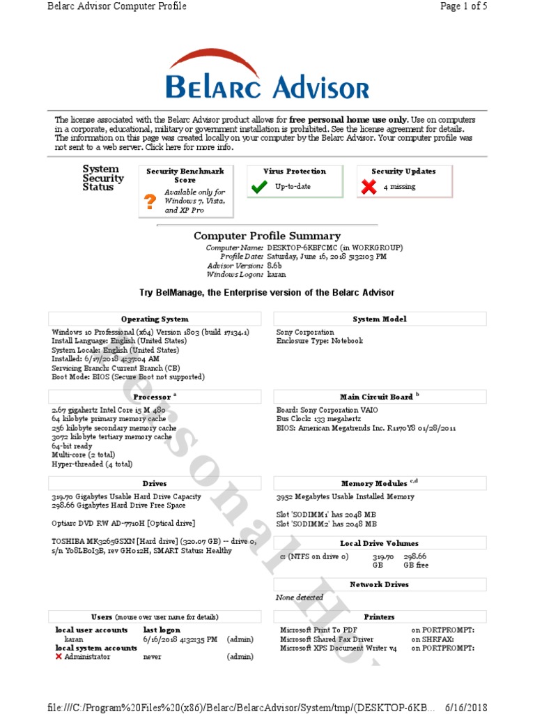 Belarc Advisor Download Free PDF Microsoft Windows Windows 10