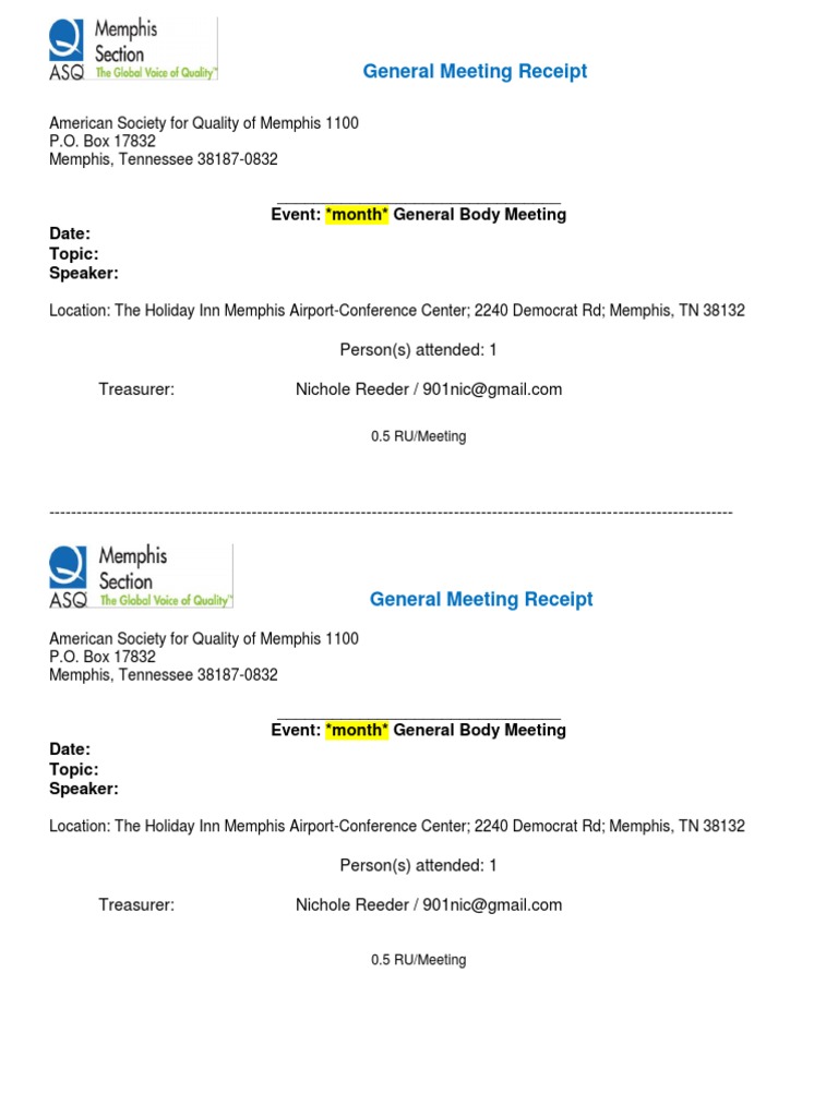 Memphis Quality Meeting Receipt | PDF | Business