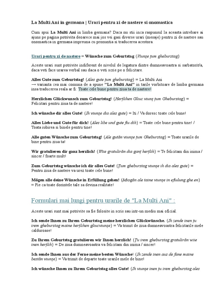 La Multi Ani In Germana Urari Pentru Zi De Nastere Si Onomastica Pdf