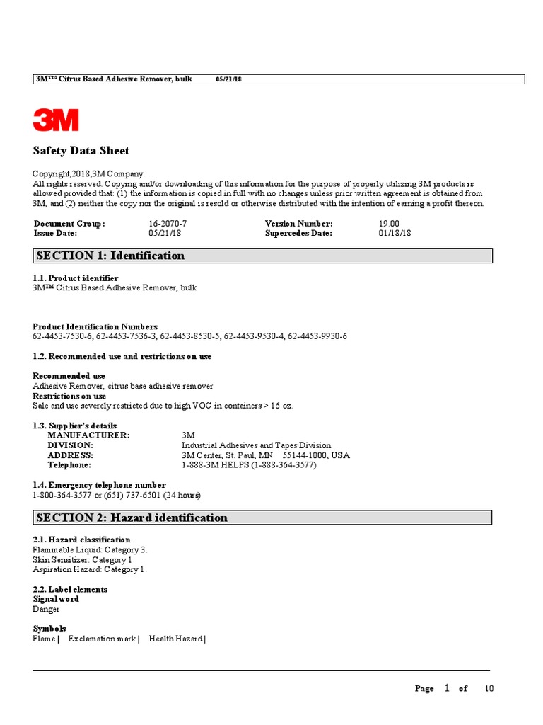 MSDS Citrus Based Adhesive Remover 3M PDF Volatile Organic Compound