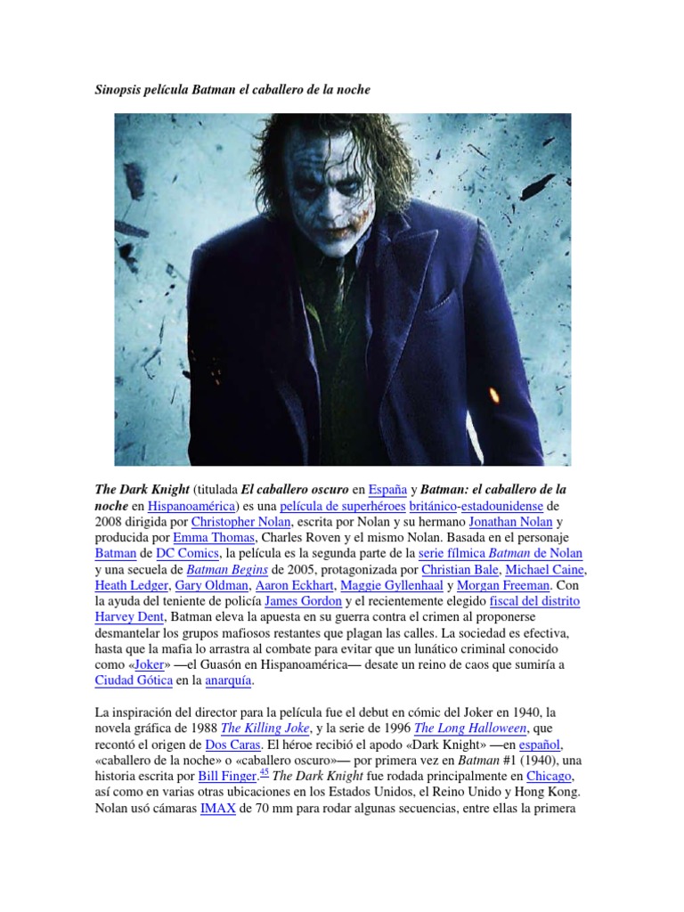 Sinopsis Película Batman El Caballero de La Noche | PDF | hombre murciélago  | Ocio