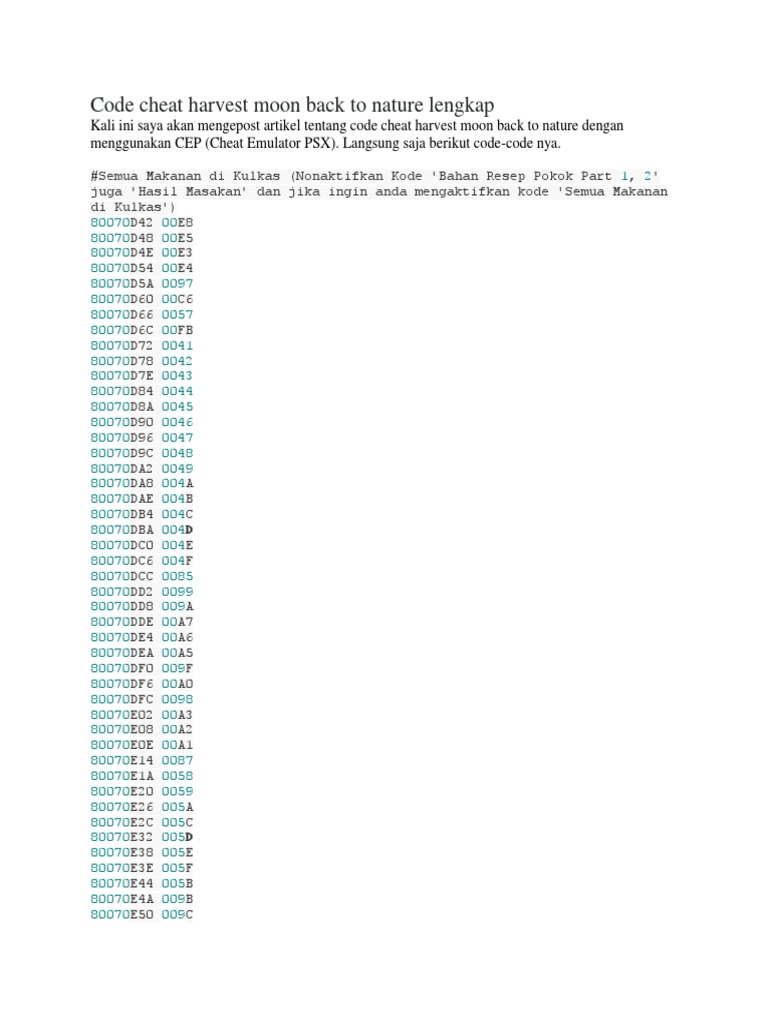 Code Cheat Harvest Moon Back To Nature Lengkap | PDF