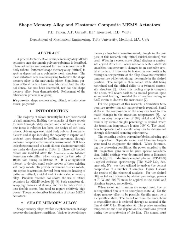 Shape Memory Alloy and Elastomer Composite MEMS Actuators | PDF