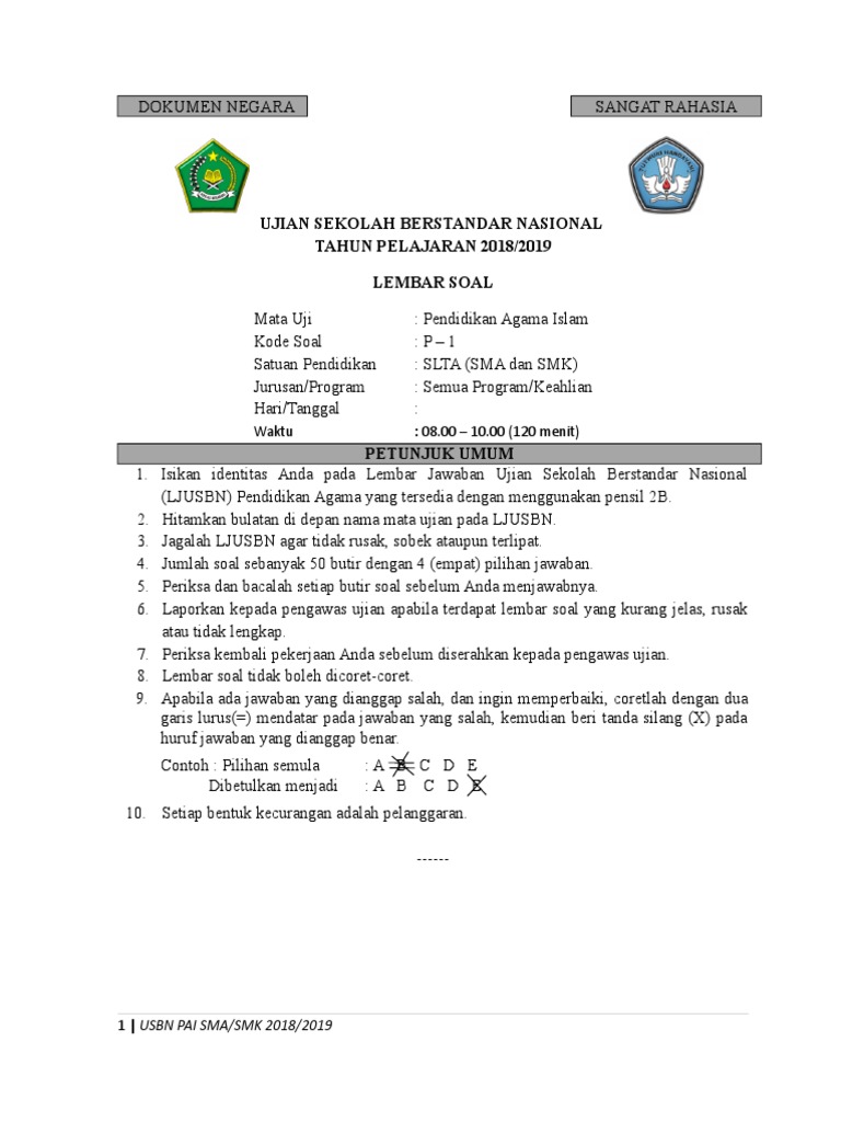 Soal Usbn Agama Islam 2018 2019 Paket 1