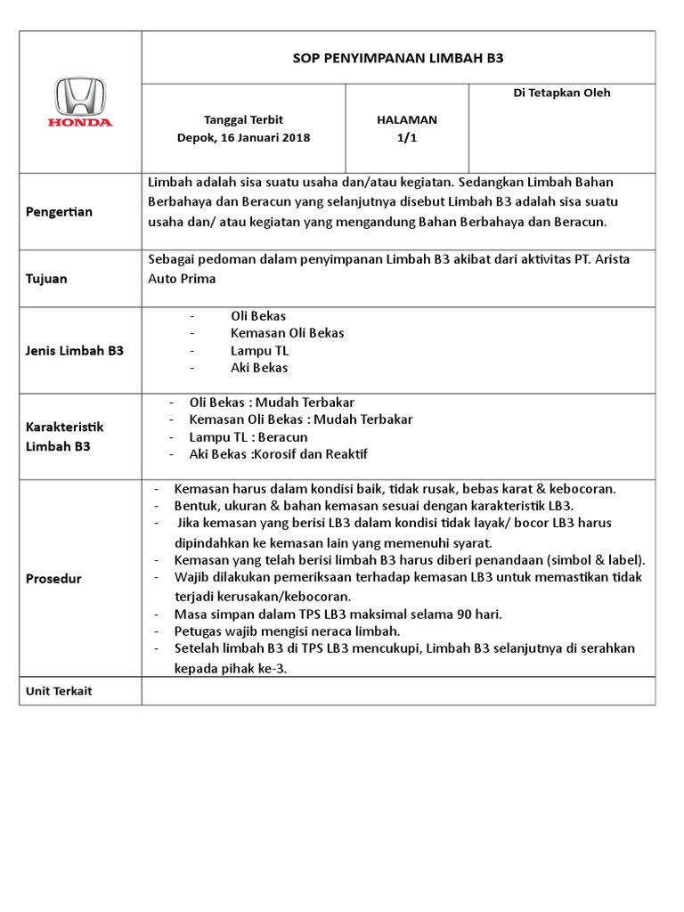 Sop Penyimpanan Limbah B3