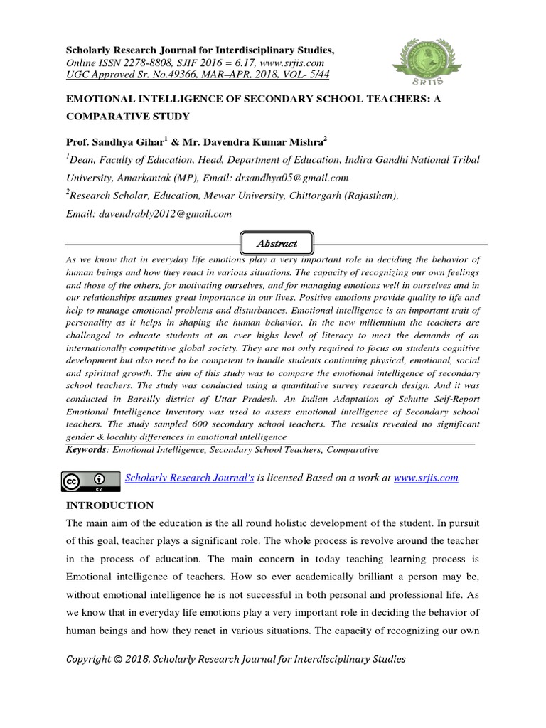 Emotional Intelligence of Secondary School Teachers: A Comparative ...