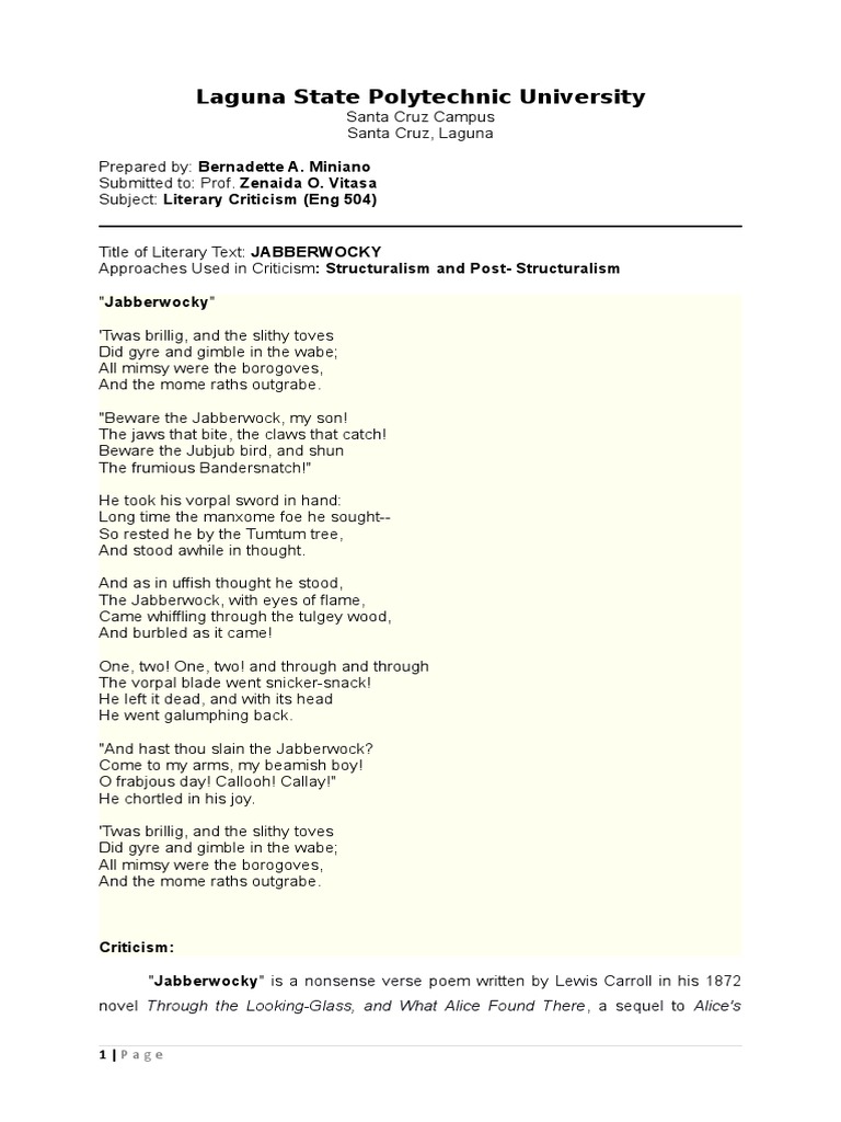Literary Critique of Jabberwocky Poem | PDF | Linguistics | Semiotics