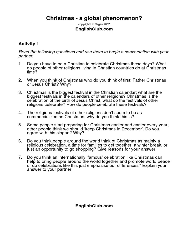 Christmas A Global Phenomenon? Read The Following Questions and Use