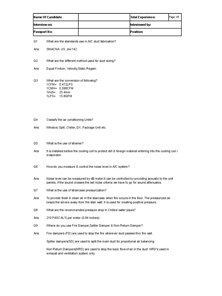 Hvac Interview Question PDF Duct (Flow) Fire Sprinkler System