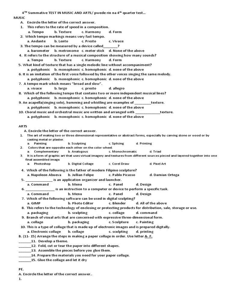 Grade 4 4th Quarter Music & Arts Test | PDF | Collage | Tempo