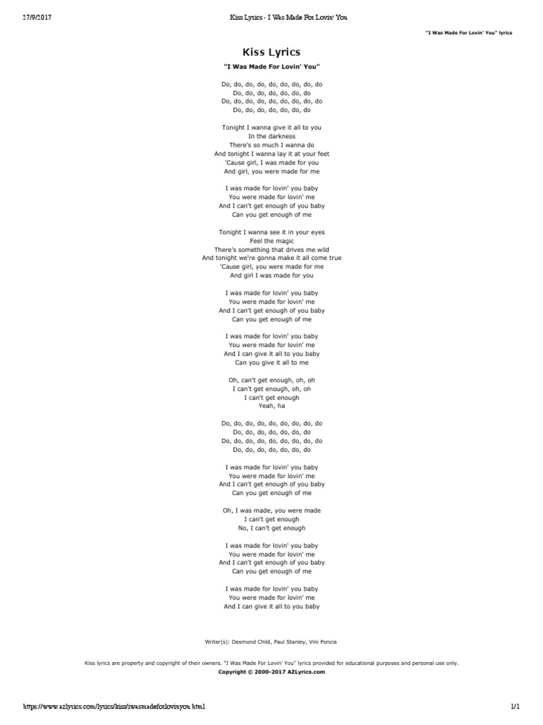 Kiss Lyrics I Was Made For Lovin' You PDF American Musical Groups